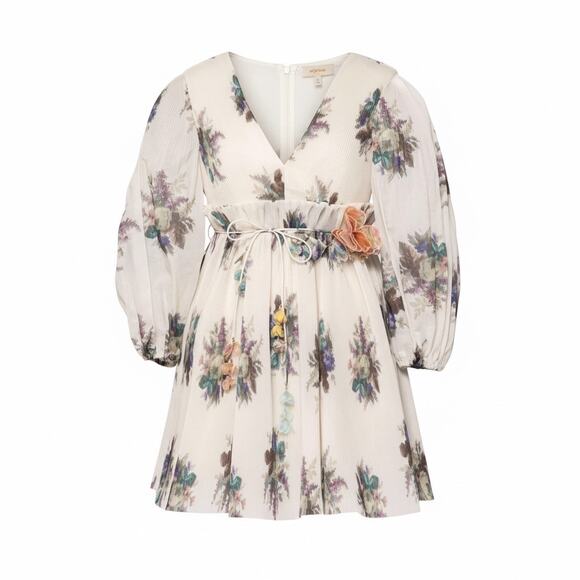Zimmermann Belted Pleated Floral-Print Organza Mini Dress - Ecru size 0 US 2-4